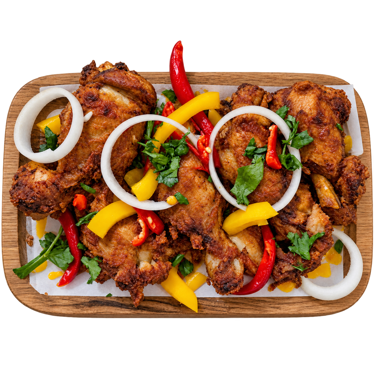 Fried chicken platter with peppers and onion